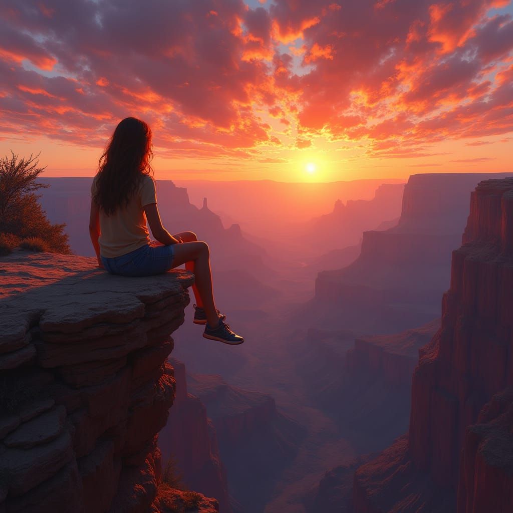 Teen Girl Gazes at Grand Canyon Sunset in Hyperrealistic Sty...