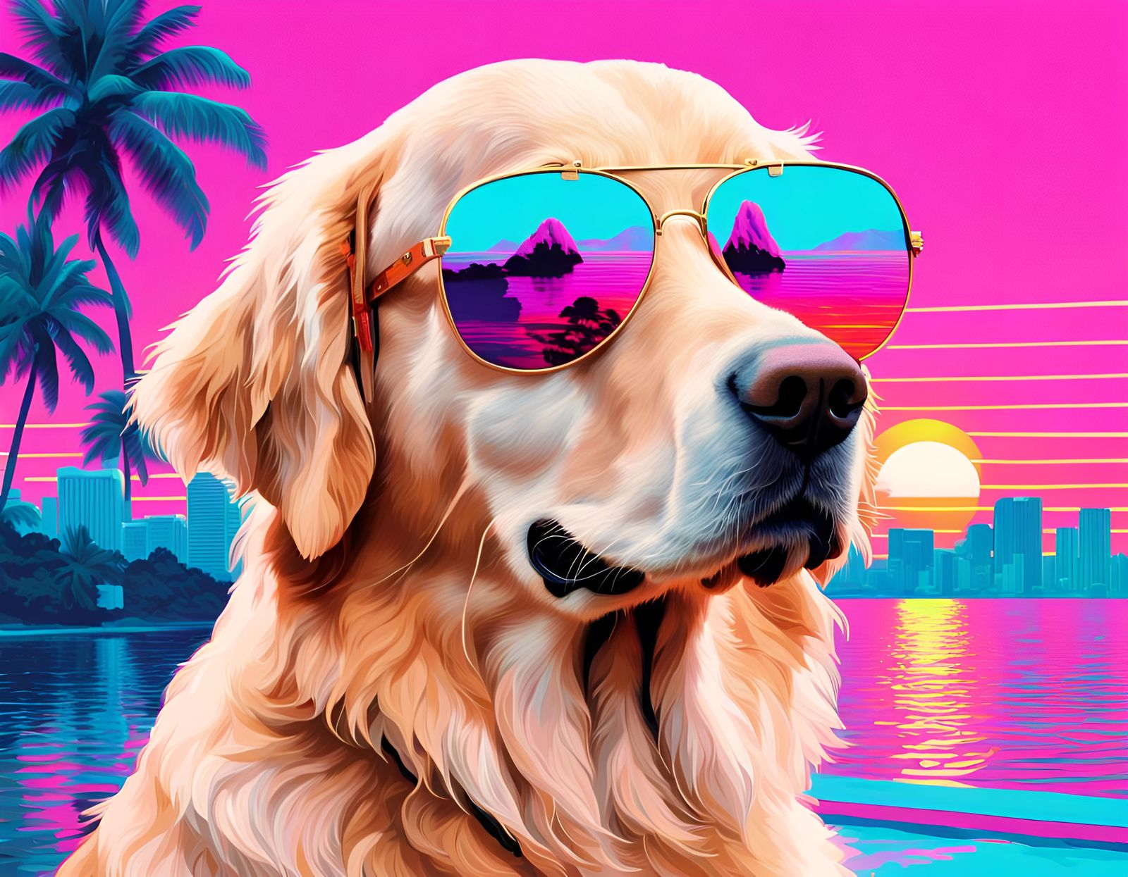Golden Retriever in Vaporwave Neon Retro Style