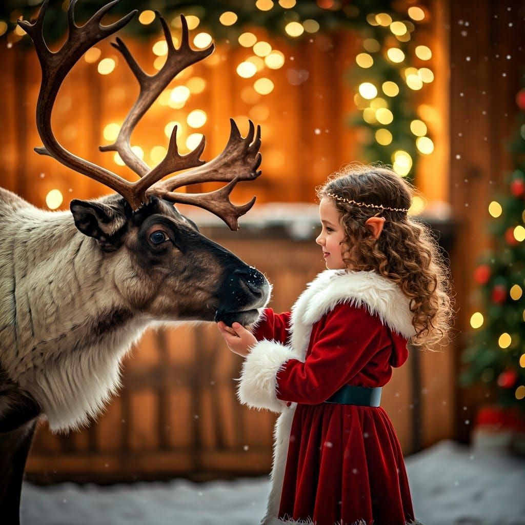 Festive Elf Feeds Reindeer in Christmas Barn