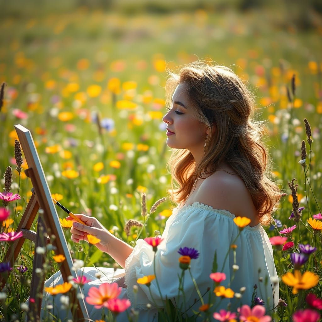 Girlfriend Lost in Thought Painting a Dream in a Sun-Drenche...