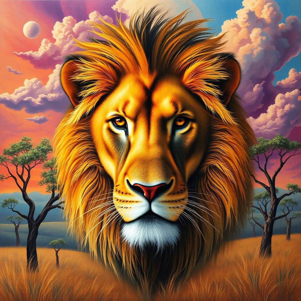 Surreal Lion Portrait with Dreamlike Savannah Landscape