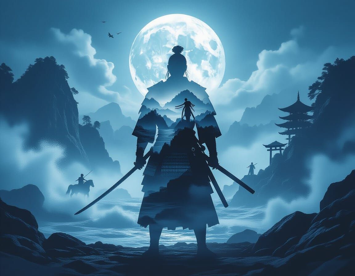Samurai Warrior Double Exposure in Misty Moonlit Landscape