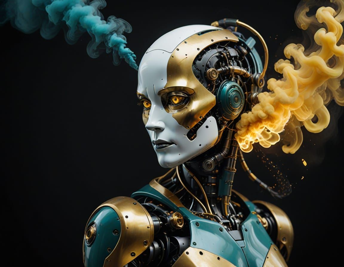 Surreal Robot Portrait with Golden Face