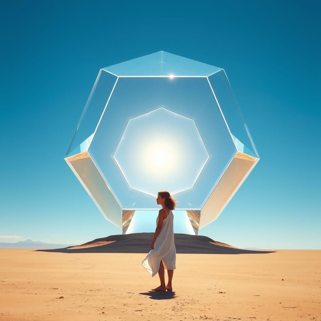 Girl Contemplates Perfect Crystal Form Amidst Vast Plain