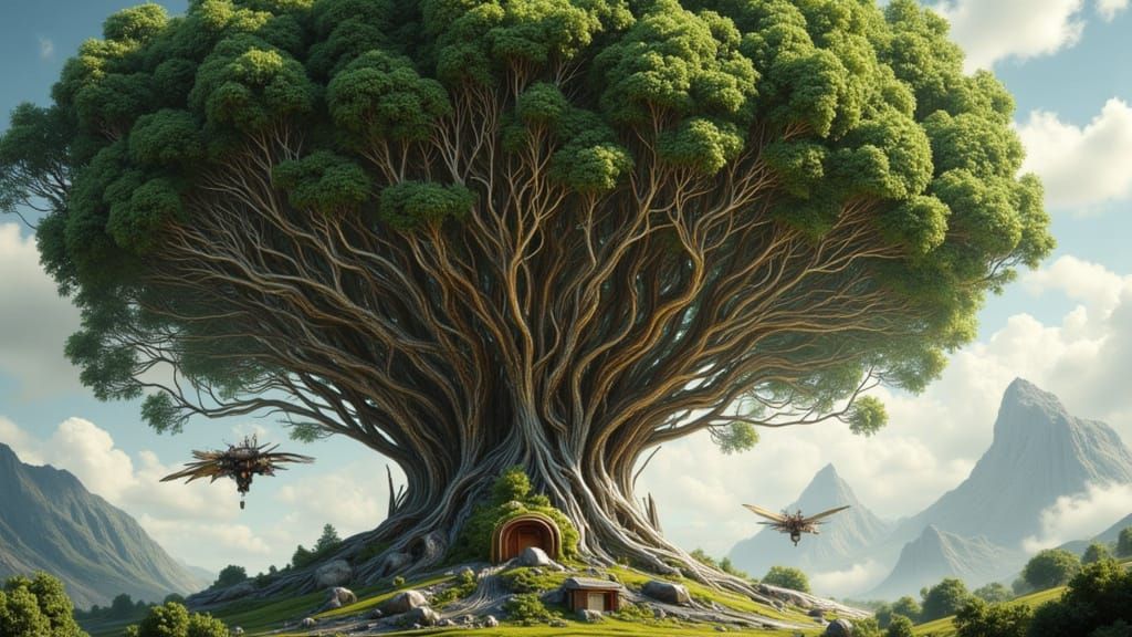 Futuristic Tree City with Metallic Pathways