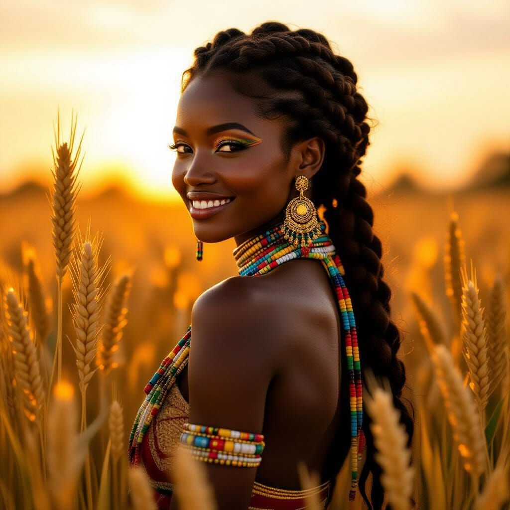 Zambian Goddess in Golden Wheat Field at Sunset