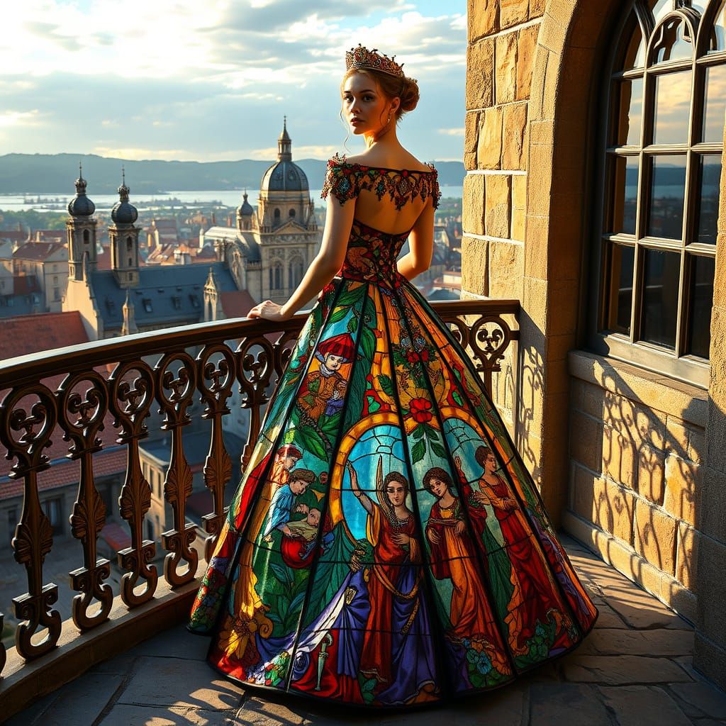 Queen in Stained Glass Gown Overlooking Medieval City