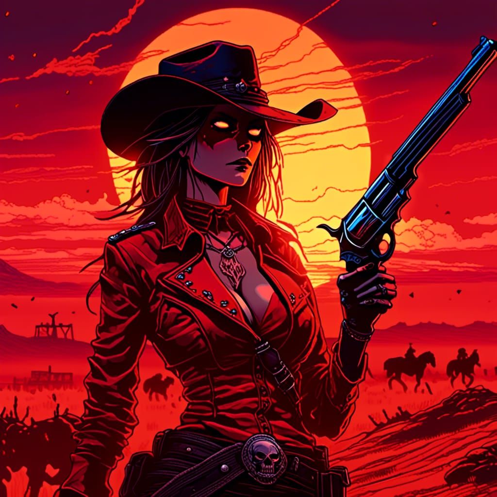 Female Gunslinger with Red Skull, Digital Art