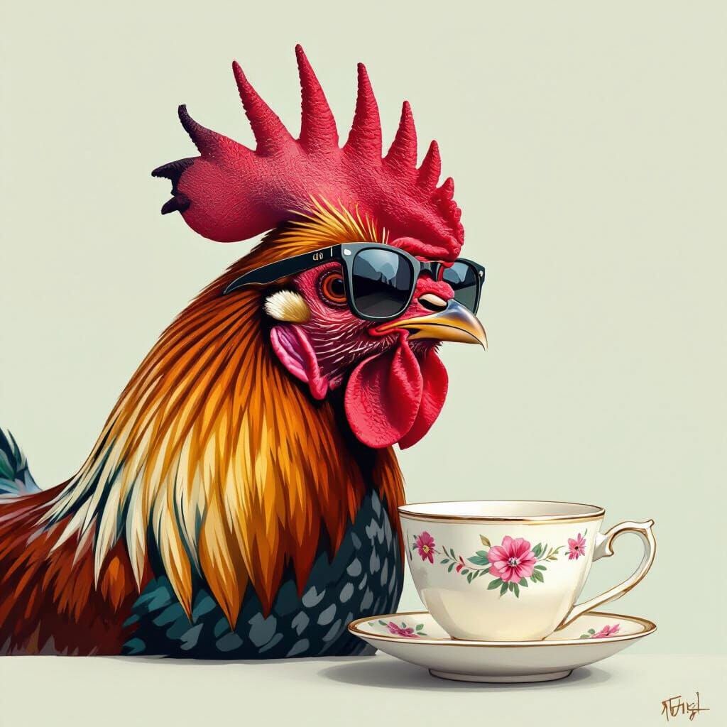 Rooster in Sunglasses Enjoying Tea: Digital Illustration