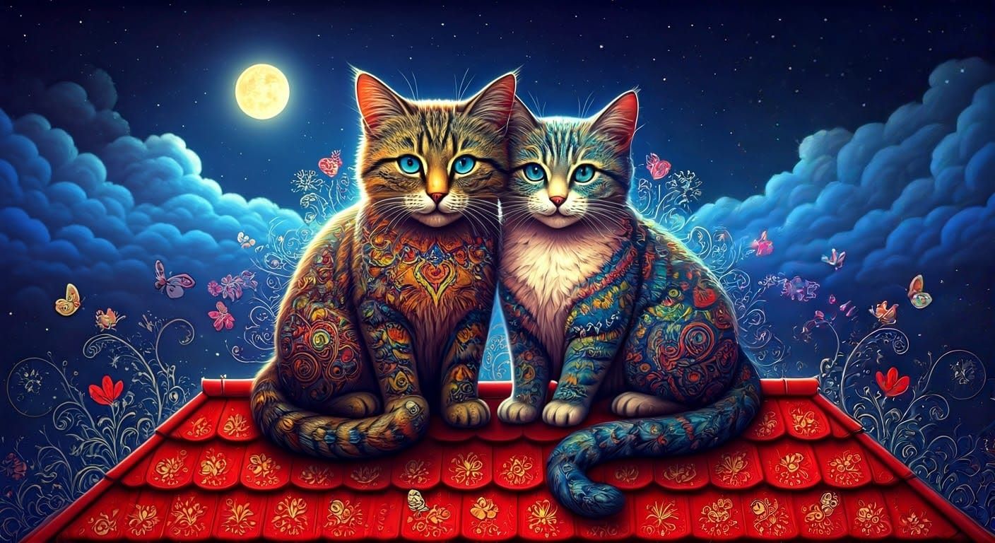 Entwined Cats on Red Roof in Folk Art Style