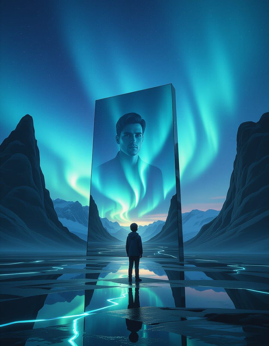 Surreal Mirror Between Basalt Spires Under Aurora Sky