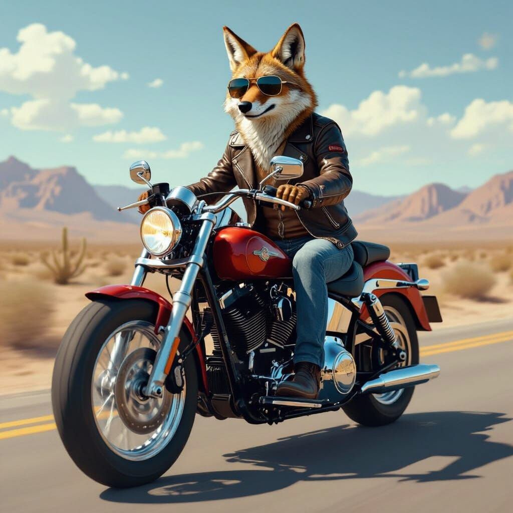Coyote Biker on Desert Highway, Photorealistic Style