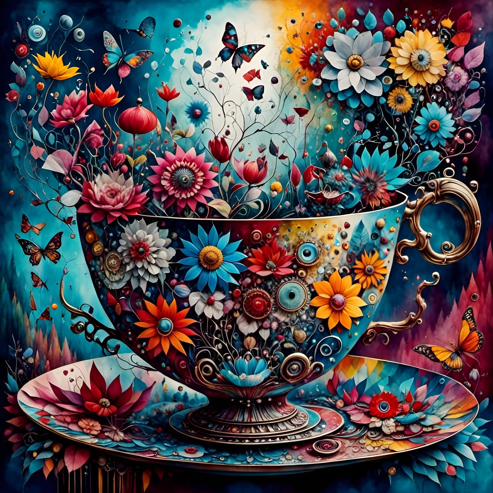 Fantasy Teacup Tea Party in Mixed Media Collage