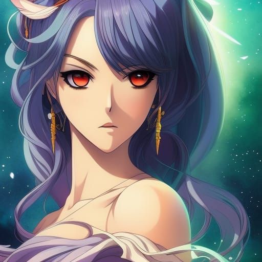 Anime Celestial Goddess Portrait in Watercolor Style