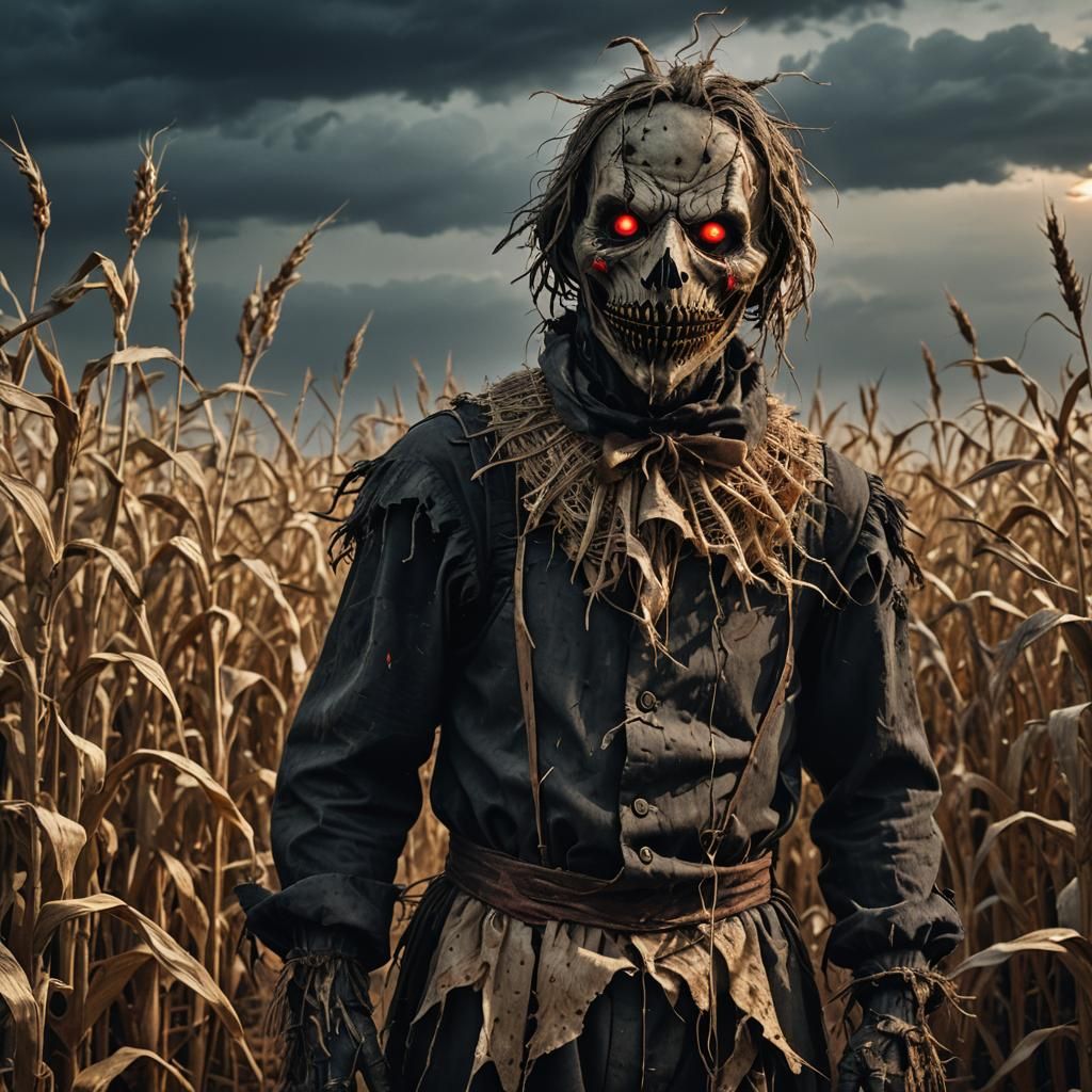 Grotesque Scarecrow in Desolate Cornfield: Horror Concept Ar...