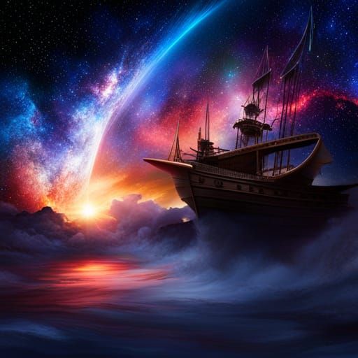 Pirate Ship Soaring Through Colorful Space Nebula