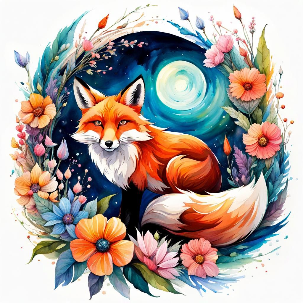 Cute Fox in Flowery Summerscape Watercolor Illustration