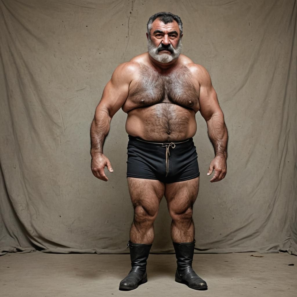 Azeri Wrestler Posing Victorious in Full Body Photo