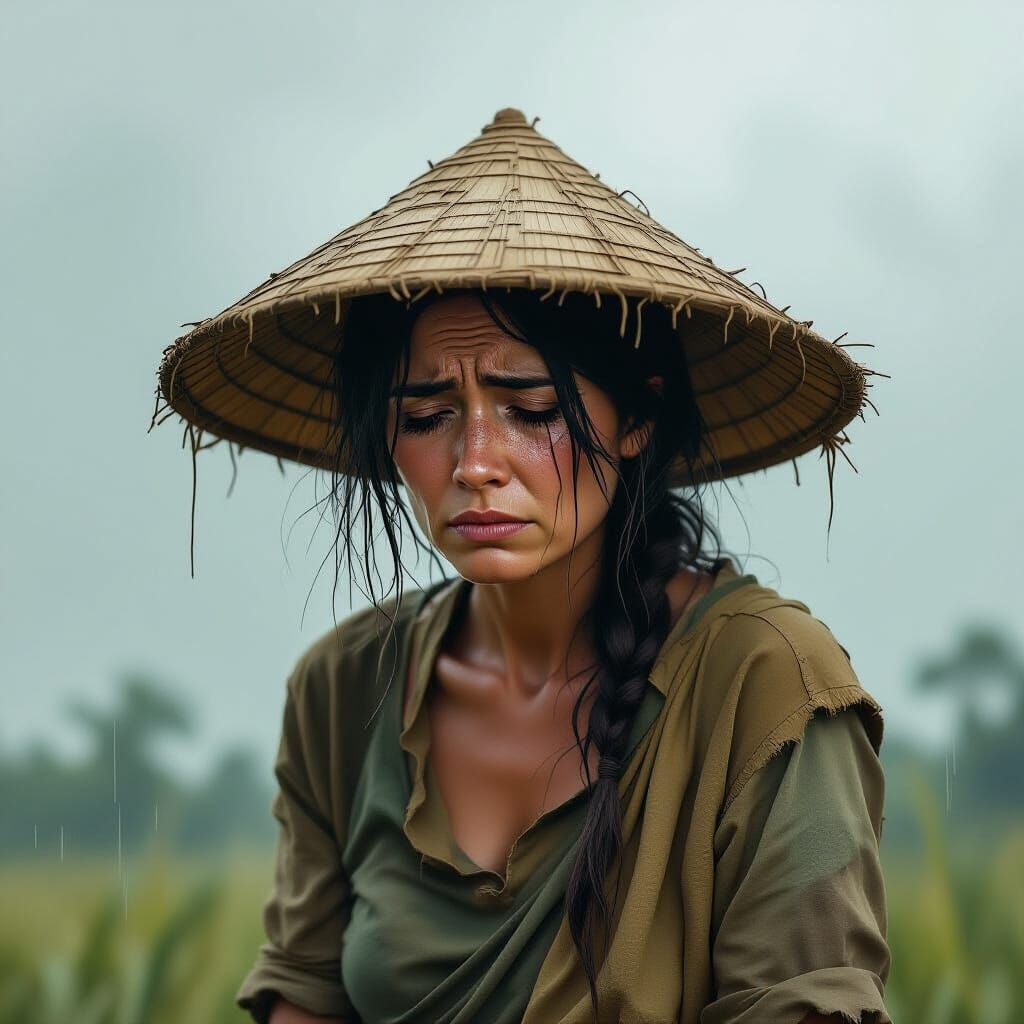 Sorrowful Woman with Conical Hat Under Monsoon Sky