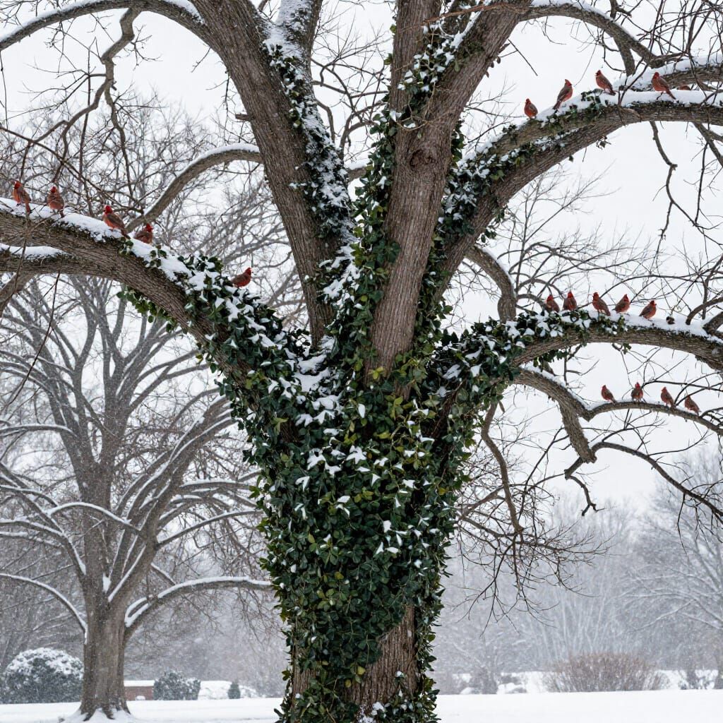 Ivy Embraces Oak in Snowstorm with Cardinal Visitors