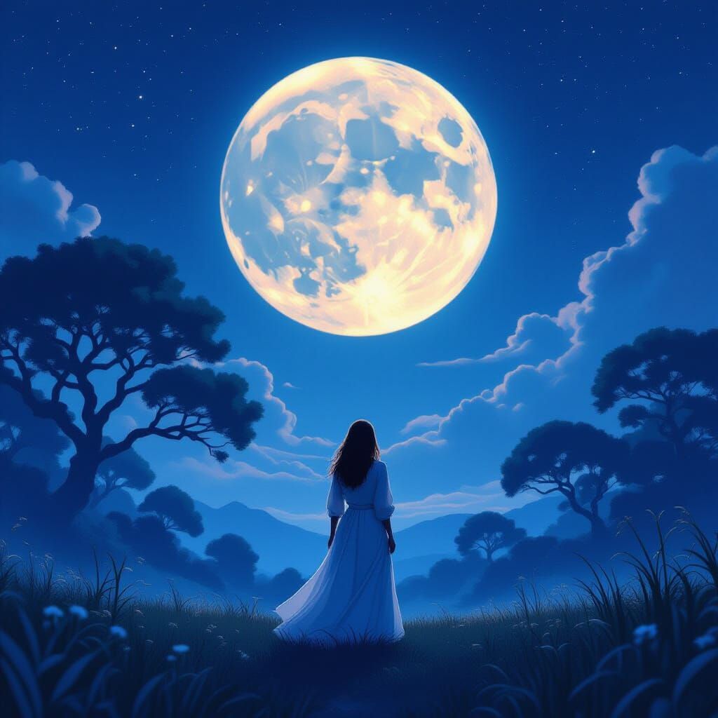 Mystical Moonlit Landscape with Serene Woman