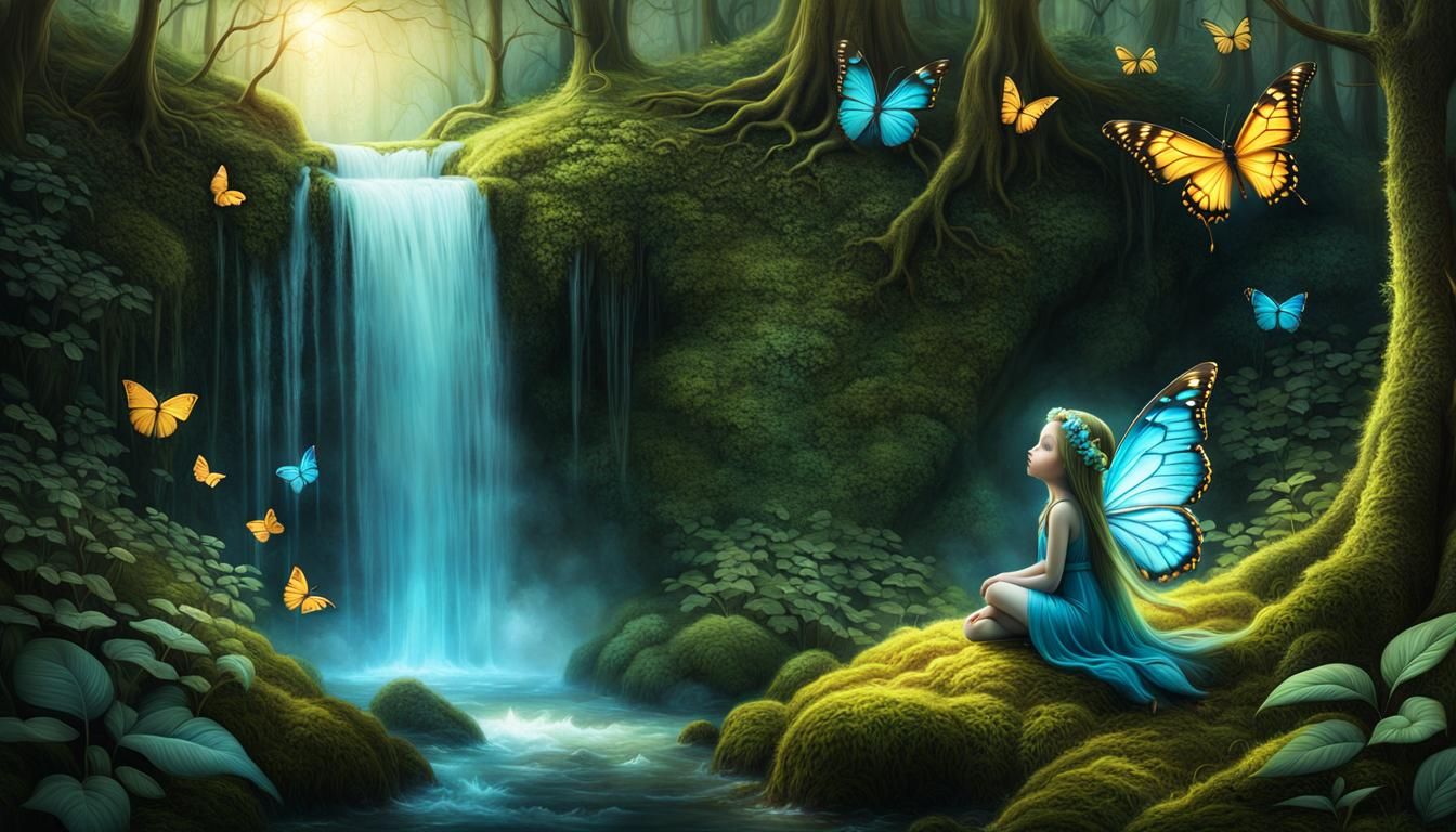 Fairy at a waterfall in an enchanting forest