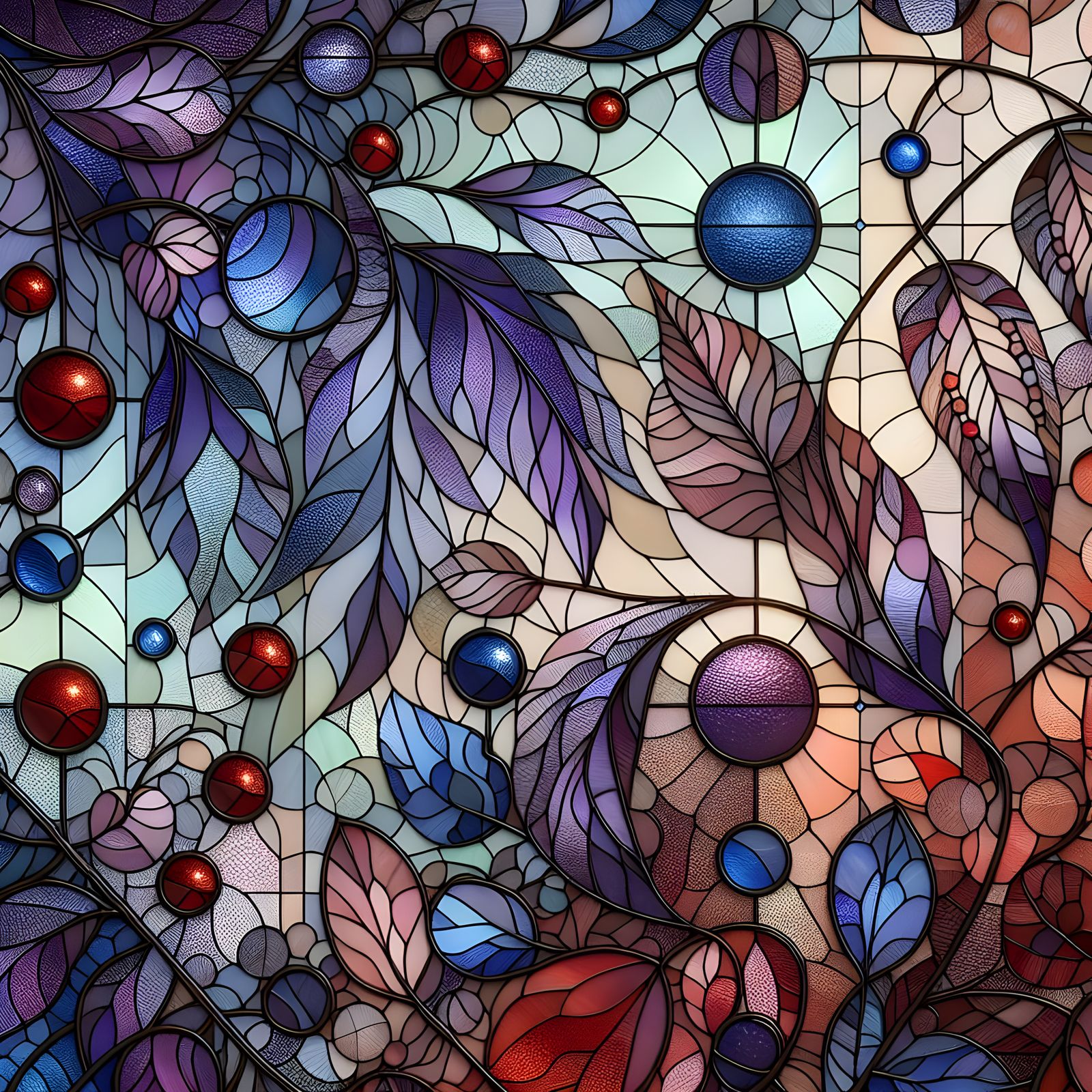 Intricate Stained Glass Artwork with Leaves and Vines