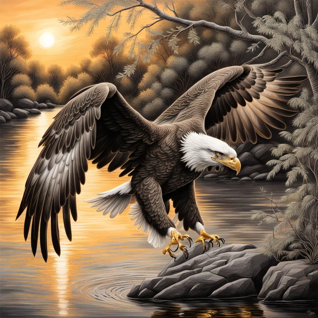 Eagle's Sunset Catch: Hyperdetailed Charcoal Drawing