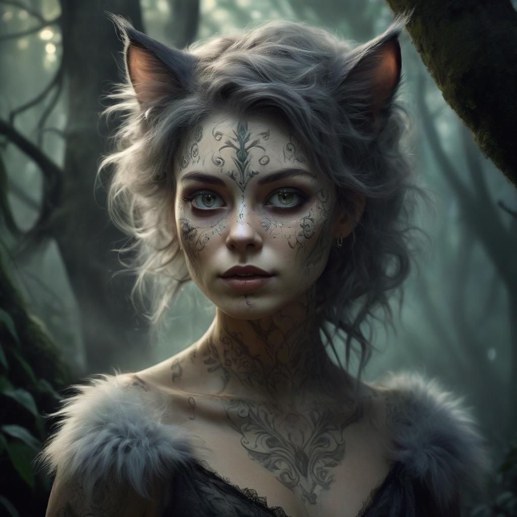 Ethereal Cat-Woman Portrait in Misty Forest