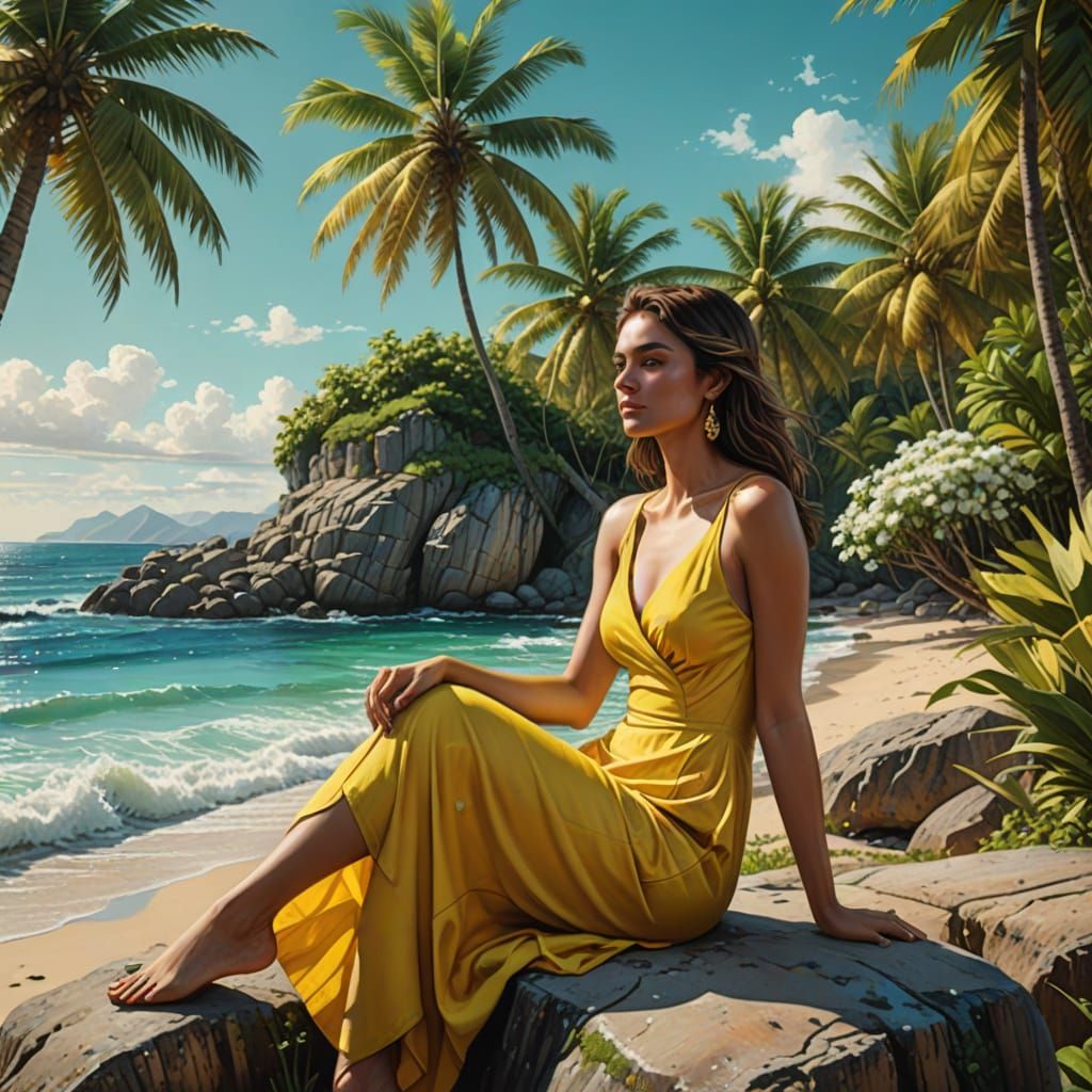 Hyperrealistic Young Woman in a Tropical Oasis