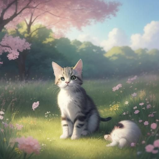 Kitten Playing with Yarn in Anime Style