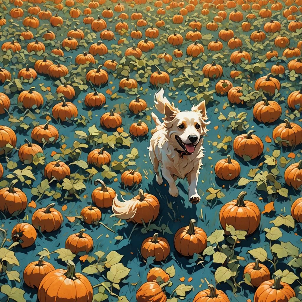 Dog Runs Through Pumpkin Patch, Fantasy Illustration