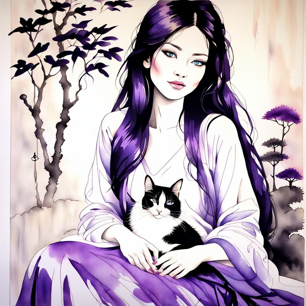 Oriental Woman and Cat in Zen Garden, Ink Drawing