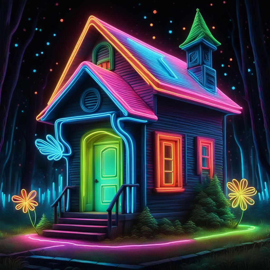 Whimsical Neon House in Vintage Cinematic Style