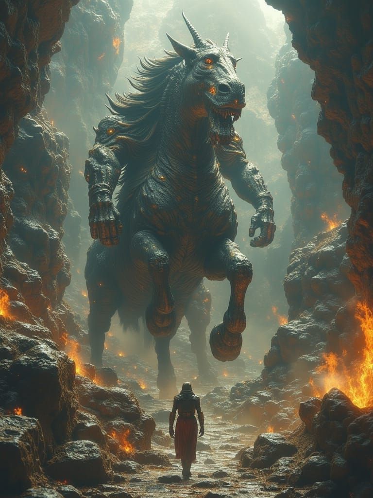 Mythical Creatures Clash in Skeletal Landscape