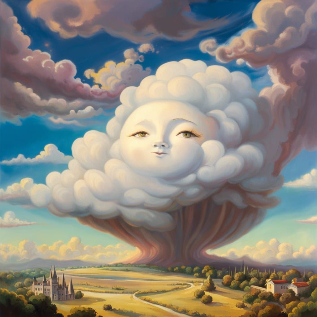 Surreal Cloud with Human Face Over Summer Landscape