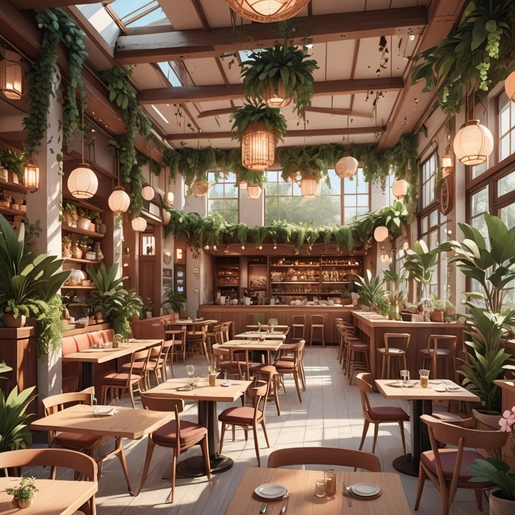 Bohemian Greek Restaurant in Contemporary Anime Style