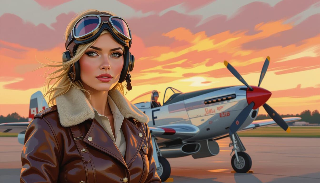Blonde Aviator Beside P-51D Mustang at Sunrise