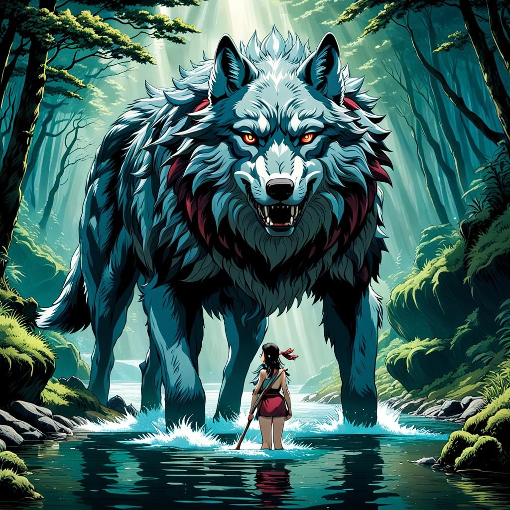 Princess Mononoke and Wolf Demon in Anime Style