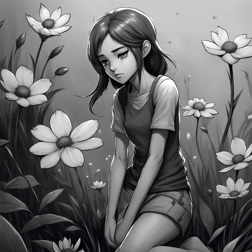 Young Girl Kneeling with Flower in Grayscale Concept Art