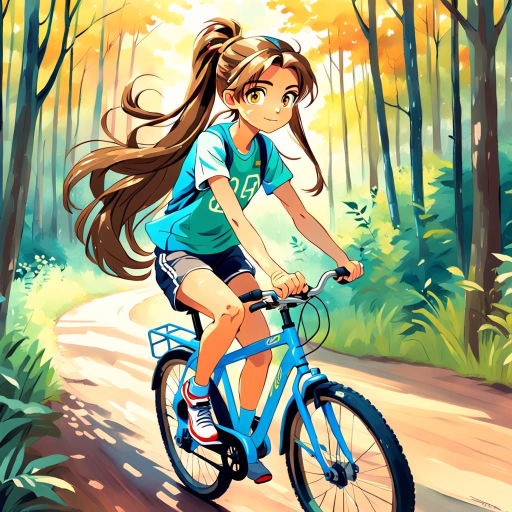 Anime Woman on Bicycle in Acrylic Art Style