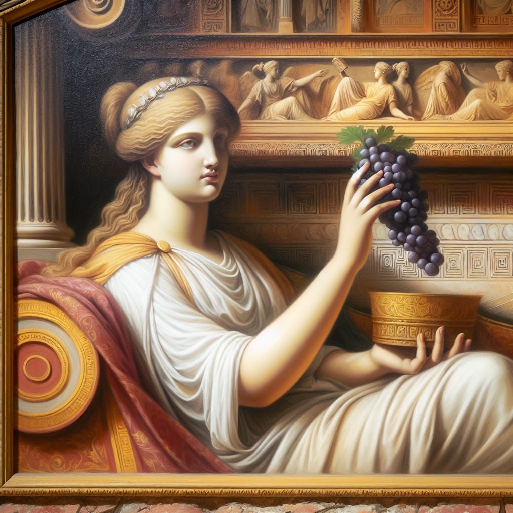 Elegant Greek Woman with Grapes in Oil Painting