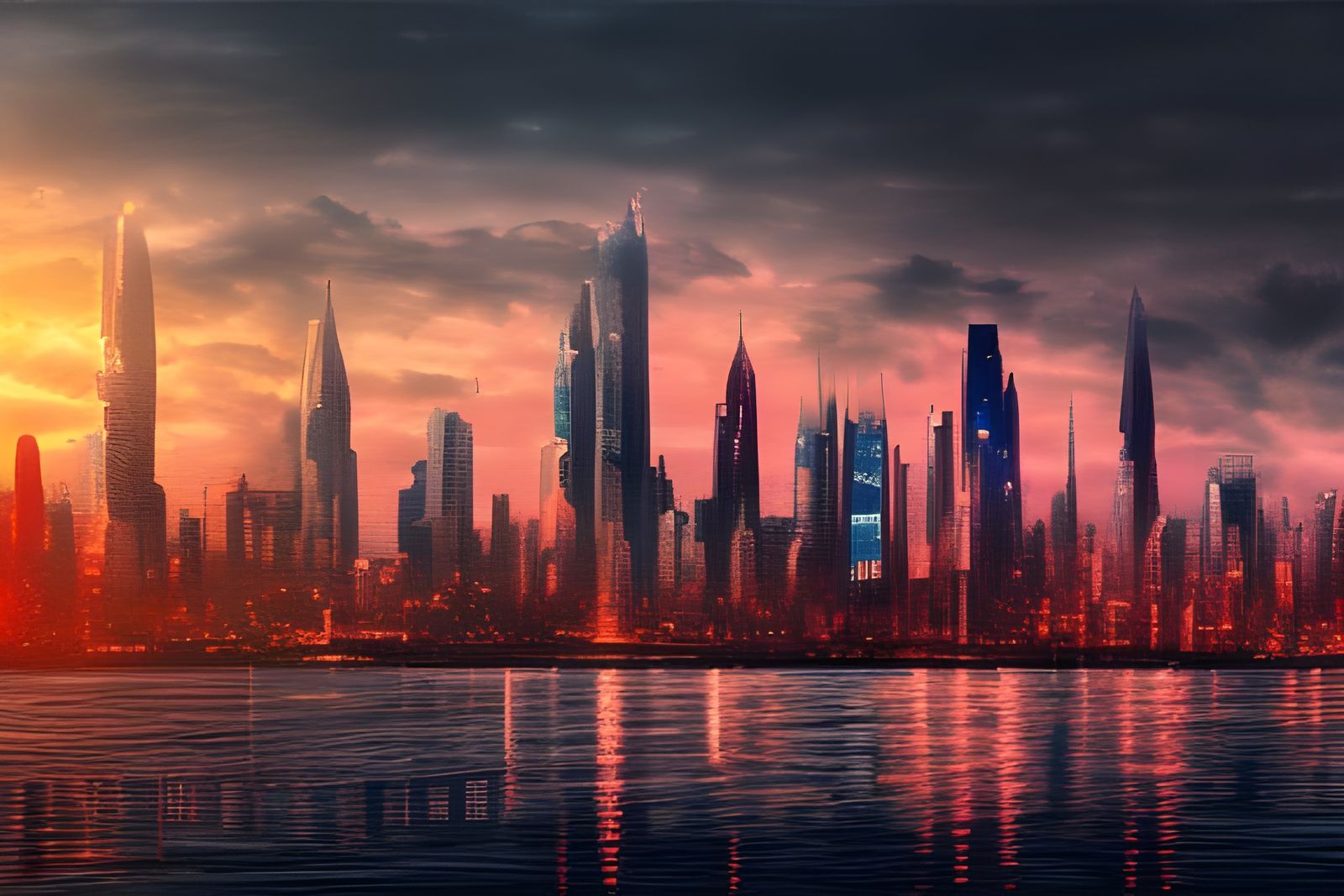 Vibrant Cityscape at Sunset in Acrylic Art Style