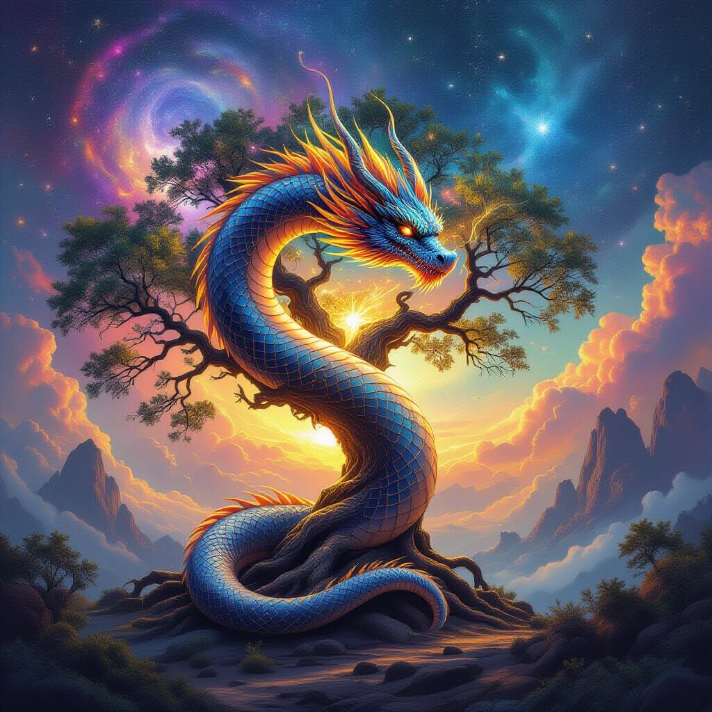 Celestial Dragon Around Ancient Tree in Cosmic Nebula