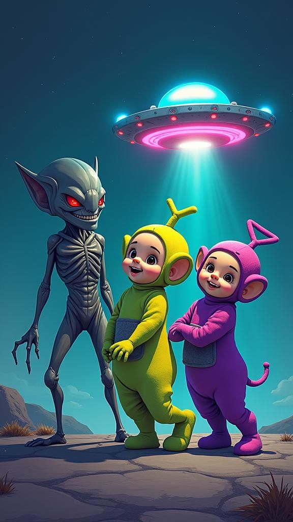 Tellytubby and Alien in Surreal Anime Style