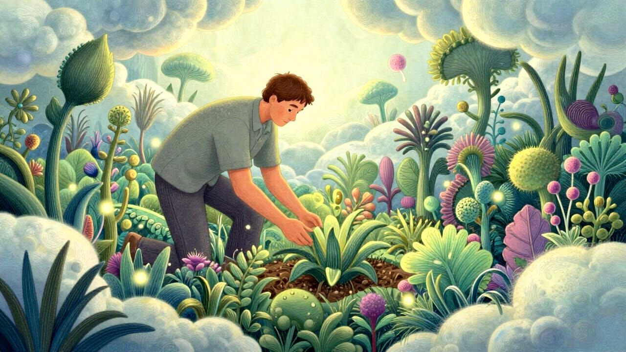 Man Tends Otherworldly Garden in Detailed Illustration