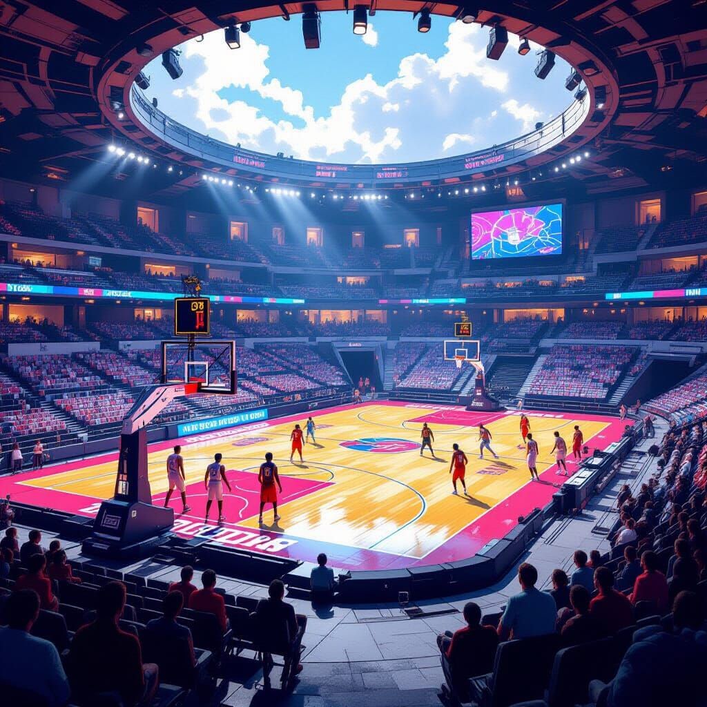 Mystical Basketball Arena in Dreamlike Landscape