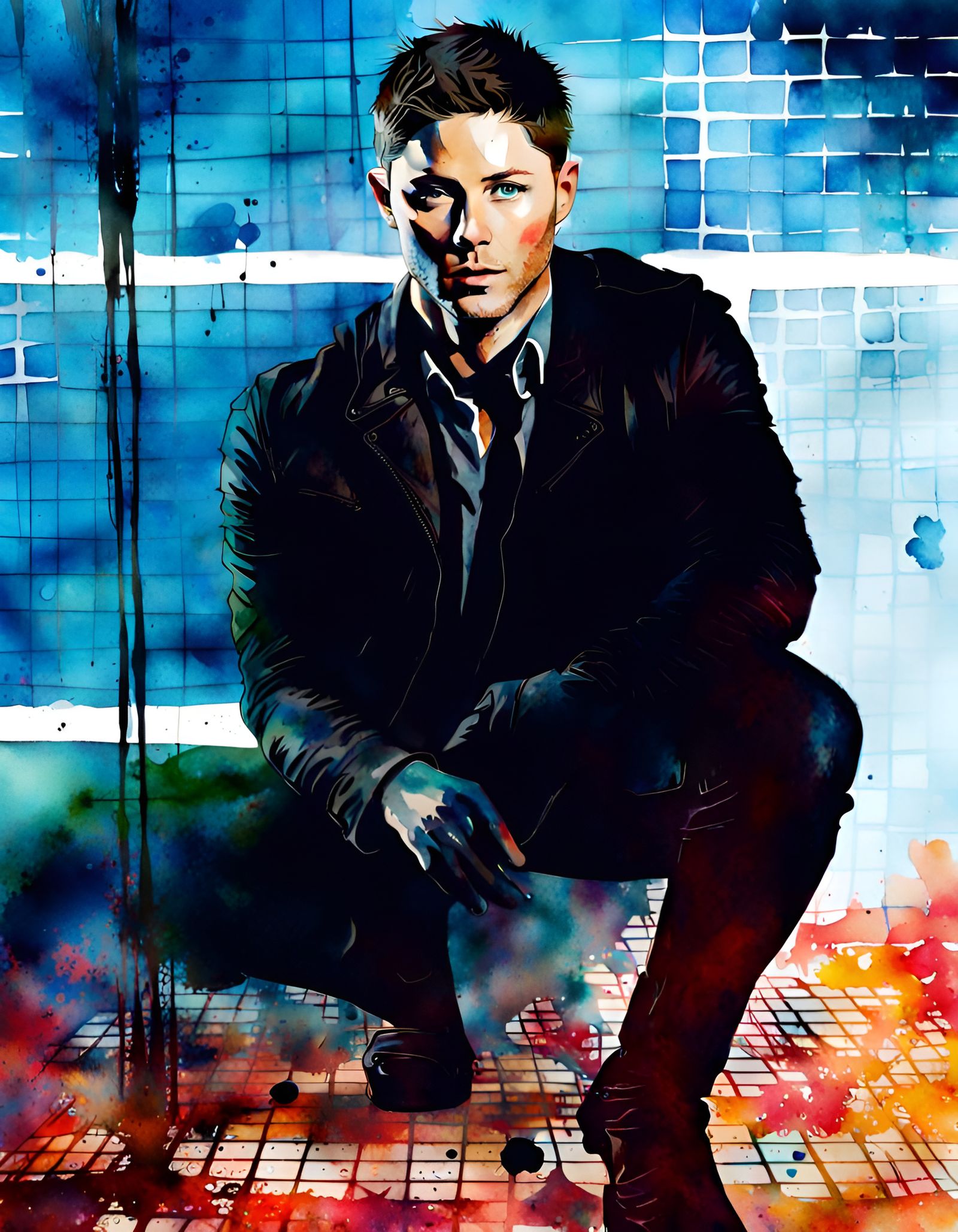 watercolour splash art, graffiti art, Jensen ackles, supernatural, Dean winchester, handsome, actor,