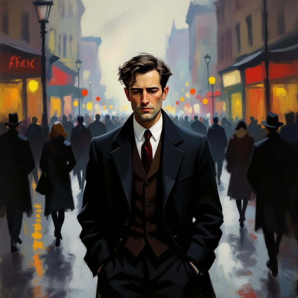 Melancholic Cityscape: Impressionist Portrait of a Lost Man