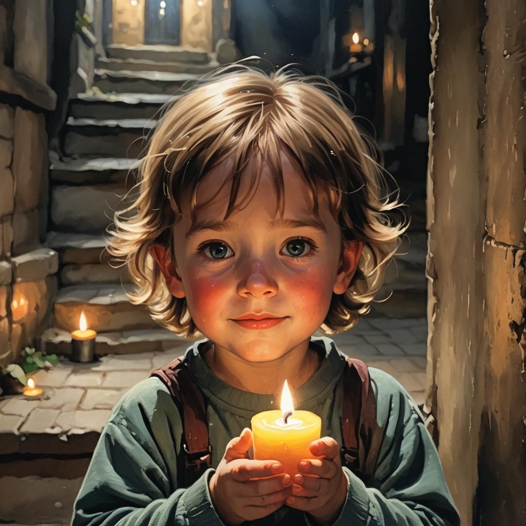 Enchanted Child Gazing at Candlelight Reflection